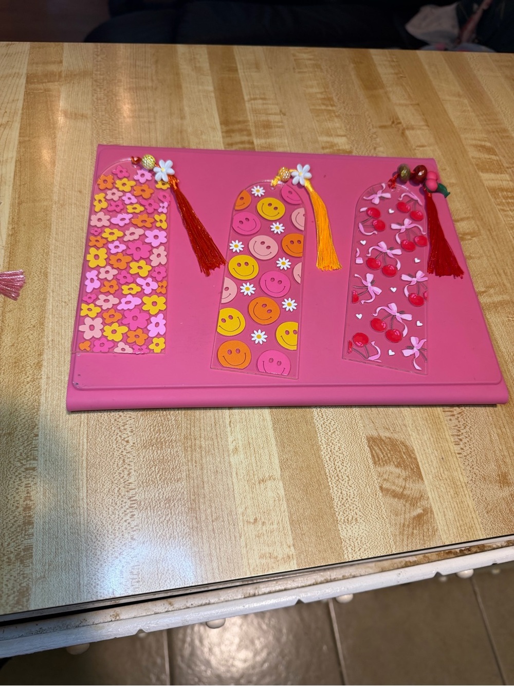 Handmade acrylic bookmarks floral, smiley, and cherry designs with tassels - Picture 3 of 4